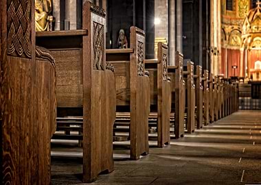Church interior with wooden pews