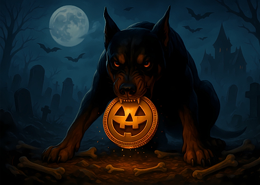 Graveyard Guardian – Fierce Hound with Halloween Coin