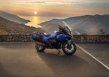 Blue BMW Motorcycle at Sunset
