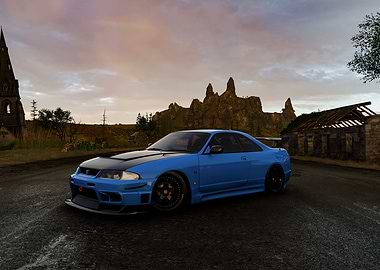 Blue Nissan Skyline R33 in Landscape