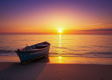 Boat on beach at sunset