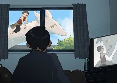 Boy watching anime with spirit creature