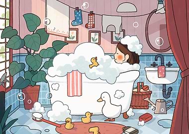 Girl in Bubble Bath with Ducks
