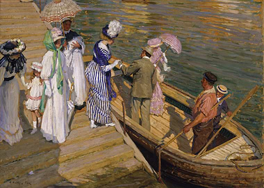 Impressionist painting of people boarding boat