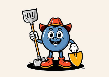 Cheerful Construction Mascot with Red Hard Hat and Shovels