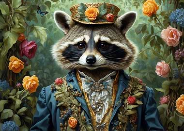 Raccoon in Formal Attire with Floral Background