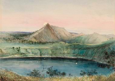 Watercolor Landscape with Lake and Mountain