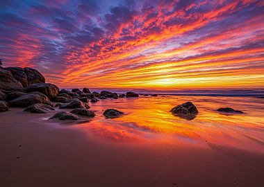 Vibrant Sunset Over Rocky Beach