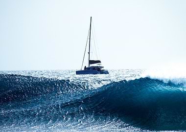 Sailboat on the ocean with large wave