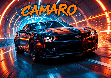 Black Camaro in a Neon Tunnel