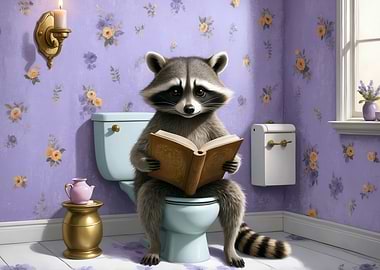 Raccoon Reading on Toilet