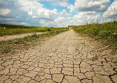 Cracked Earth Path Under Cloudy Sky