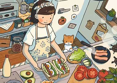 Cozy Kitchen Scene with Sandwich Preparation