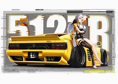 Anime Girl with Yellow Ferrari 512 TR