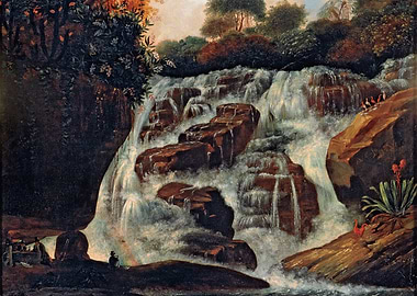 Waterfall Landscape Painting with Figures
