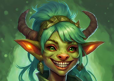Green Goblin Girl Portrait with Horns