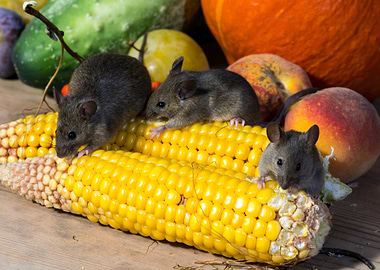 Mice on Corn with Autumn Fruits