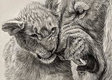 Lioness and Cub Pencil Drawing