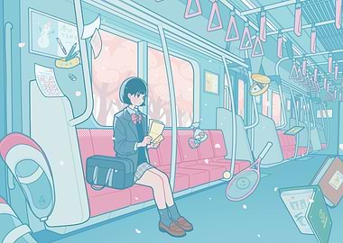 Anime Girl on Train with Floating Objects