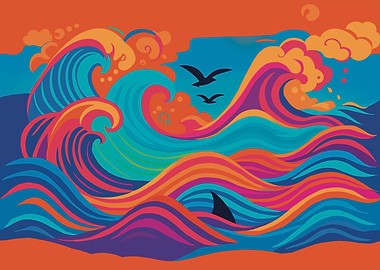 Colorful Ocean Waves with Shark Fin
