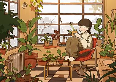 Girl with Plants in Cozy Room