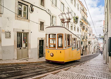 Lisbon Tram on Cobblestone Street