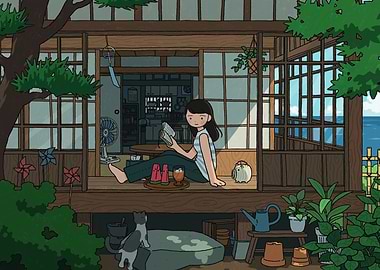 Girl Reading Book on Porch