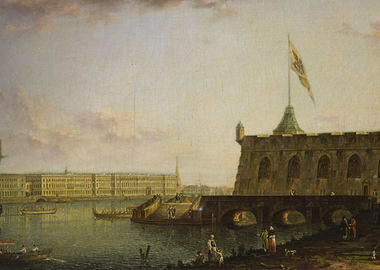 Historical cityscape painting with river view