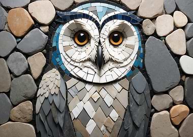 Mosaic Owl Art with Stone Border