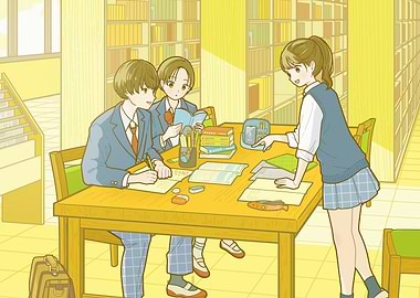 Students Studying in Library Illustration