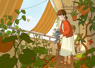 Girl Watering Plants on Balcony Illustration
