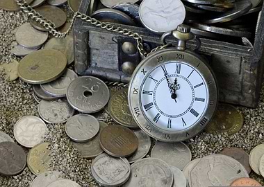 Treasure chest, coins, and pocket watch