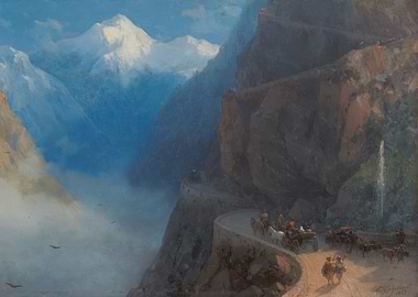 Mountain Pass Painting with Horse-Drawn Carriages