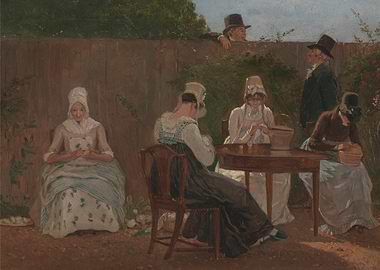 Women at Table with Onlookers Painting