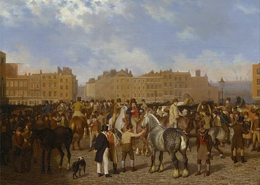 Crowded City Scene with Horses