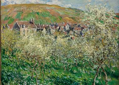Impressionist Village Landscape with Blossoming Trees