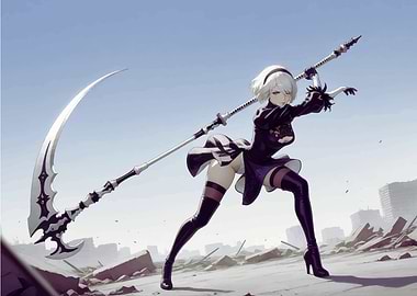 Anime Girl with Scythe in Ruins