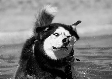 Husky Shaking Water Off in Black-and-White