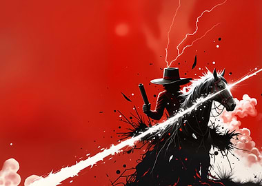 Red and Black Cowboy on Horse