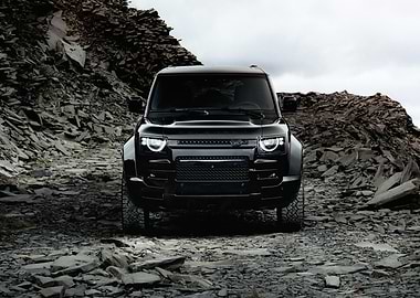 Black Land Rover Defender on rocky terrain