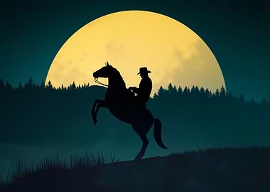 Cowboy Silhouette Under a Full Moon