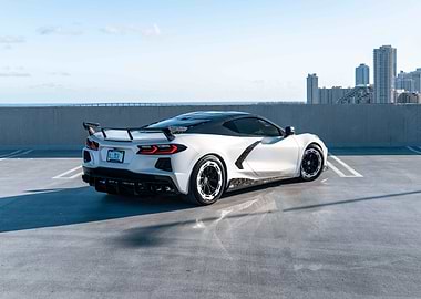 White Corvette on Parking Deck
