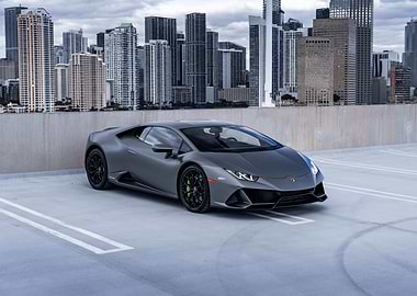 Gray Lamborghini Huracan with Cityscape