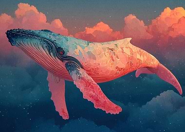 Watercolor Whale in Dreamy Sky