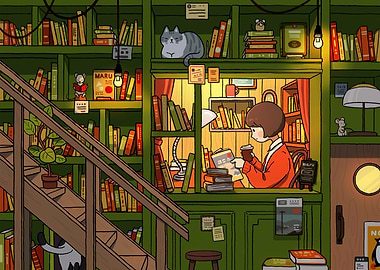 Cozy Bookstore Scene with Reader