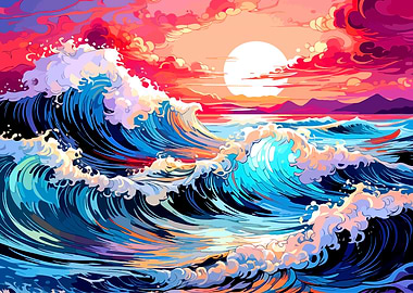 Ocean Waves at Sunset Digital Art