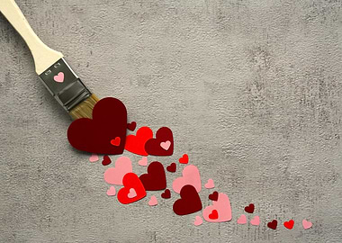 Paintbrush with hearts on gray background