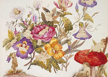 Floral arrangement with cherubs and mushroom