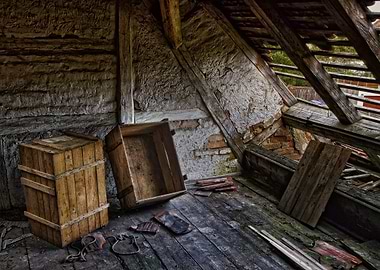 Abandoned Attic with Wooden Crates