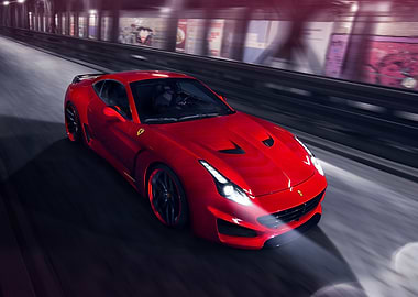 Red Ferrari on the Road at Night